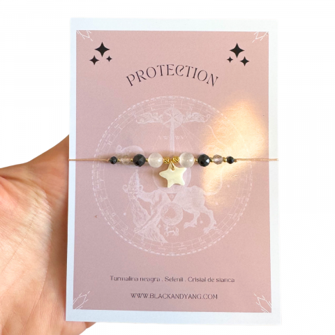 Produse noi - Bratara energetica din selenit, turmalina neagra si cuart transparent cu pandantiv steluta - protectie si purificare