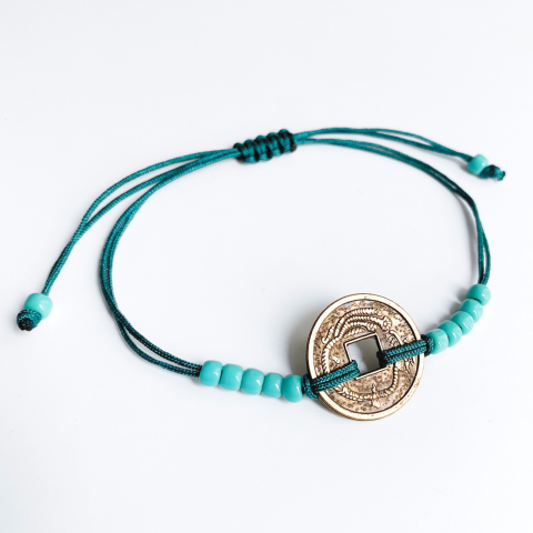Bratara Feng Shui verde / turcoaz cu moneda chinezeasca - noroc [3]