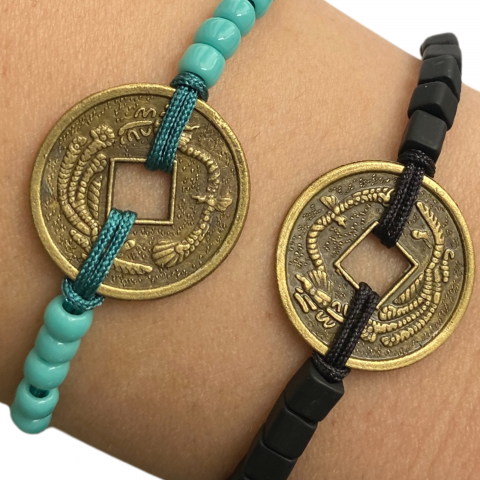 Bratara Feng Shui verde / turcoaz cu moneda chinezeasca - noroc [2]