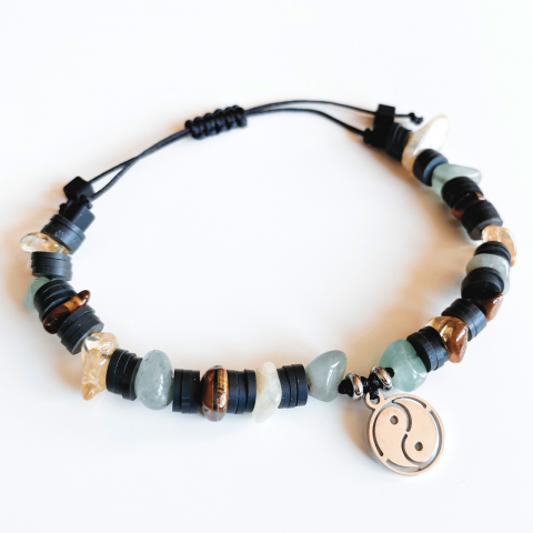 Bratari - BRATARA FENG SHUI YIN SI YANG moneda CU AVENTURIN, CITRIN SI OCHI DE TIGRU - ABUNDENTA SI PROSPERITATE - negru
