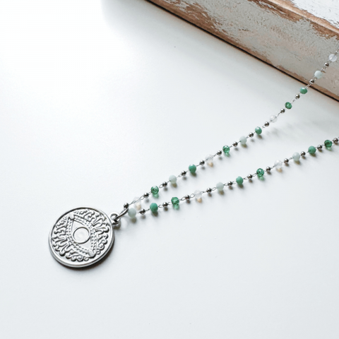 Reduceri ✨ - Colier Evil Eye din otel inoxidabil cu cristale verzi - Protectie energii negative