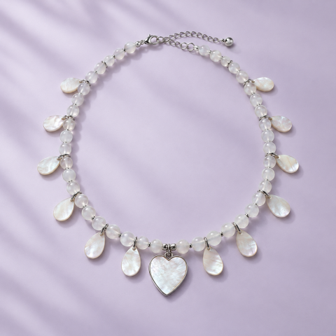 Femei - Colier choker la baza gatului din selenit si sidef cu pandativ inima