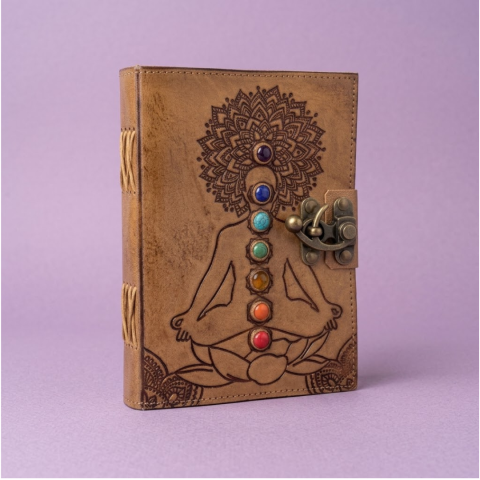 Agende si Jurnale - Jurnal din Piele Naturală Maro „7 Chakra” cu Pietre Semiprețioase (13x18 cm) – Agendă Vintage Mistică cu Închizătoare Metalică