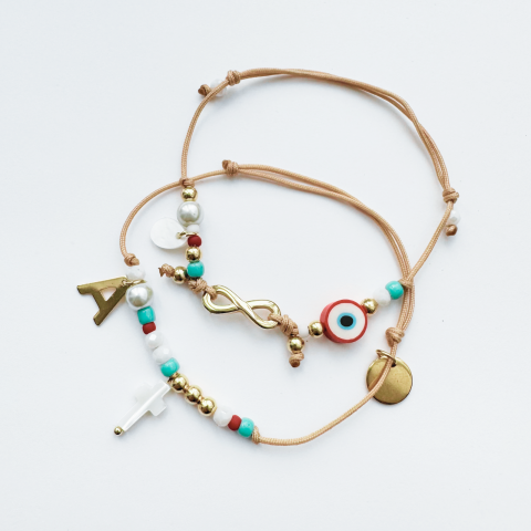 Bijuterii Personalizate - Set bratari din otel auriu cu semnul infinitului, evil eye, cruce si initiala personalizabila