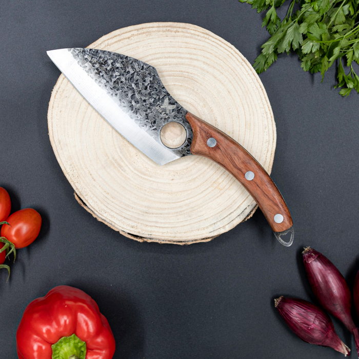 Hож САТЪР японски, кухня и къмпинг, ръчно кован, неръждаема стомана, пълен танг, 27 см, кафява дървена дръжка, калъф от екологична кожа [10]