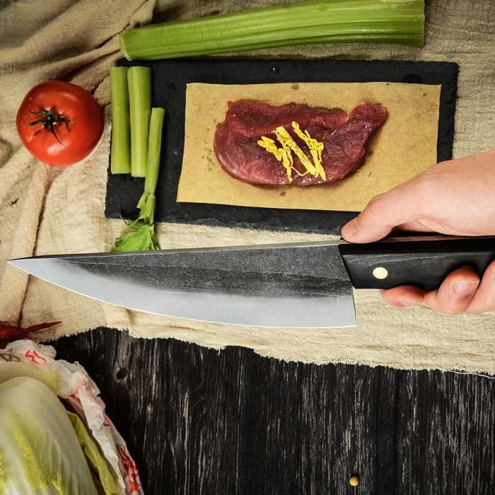 нож Razor II, кухня и къмпинг, ръчно кован, въглеродна стомана, цял ръб 32,5 см, черна дървена дръжка, покритие от екологична кожа [10]