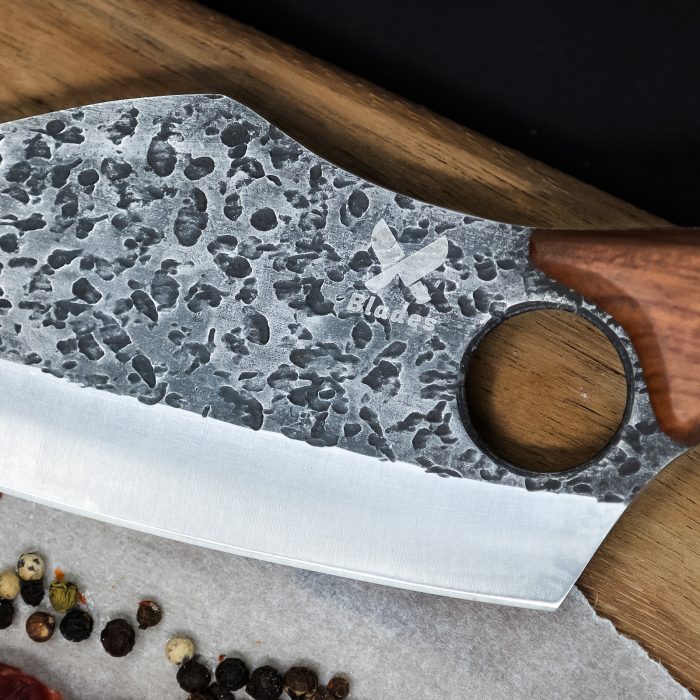 Hож САТЪР японски, кухня и къмпинг, ръчно кован, неръждаема стомана, пълен танг, 27 см, кафява дървена дръжка, калъф от екологична кожа [6]