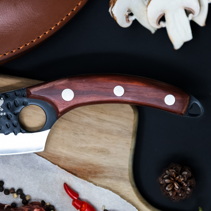 Japanese нож, кухня и къмпинг, ръчно кован, неръждаема стомана, цял 27,5 см, кафява дървена дръжка, покритие от еко кожа [4]