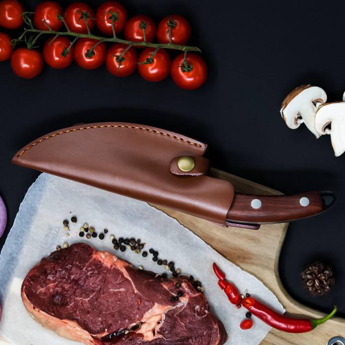 Japanese нож, кухня и къмпинг, ръчно кован, неръждаема стомана, цял 27,5 см, кафява дървена дръжка, покритие от еко кожа [6]