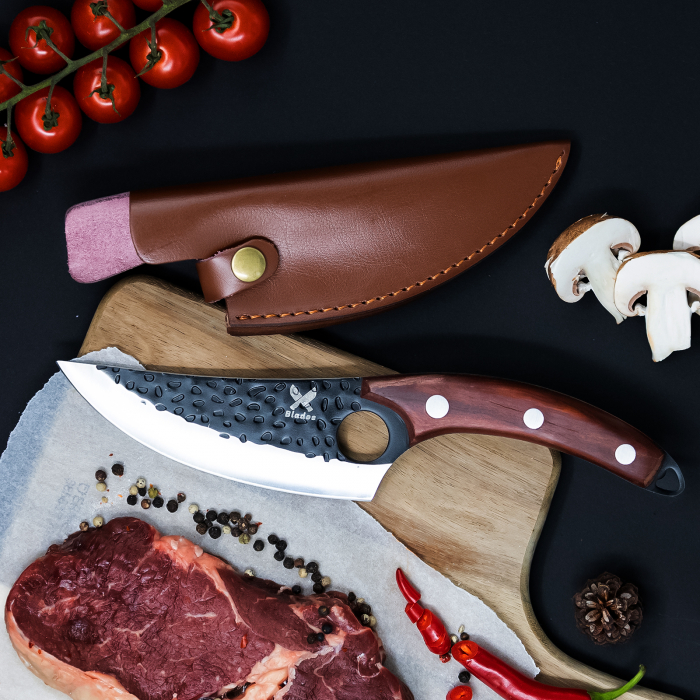 Japanese нож, кухня и къмпинг, ръчно кован, неръждаема стомана, цял 27,5 см, кафява дървена дръжка, покритие от еко кожа [2]