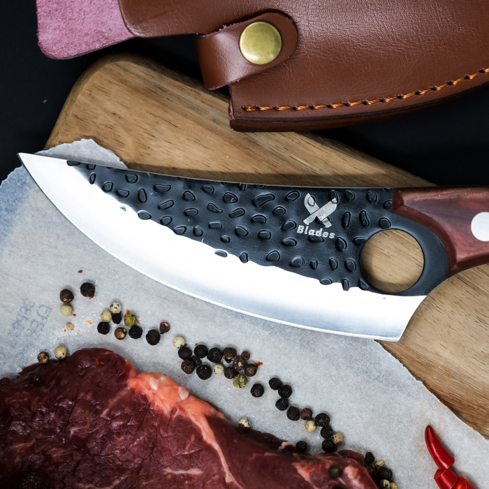 Japanese нож, кухня и къмпинг, ръчно кован, неръждаема стомана, цял 27,5 см, кафява дървена дръжка, покритие от еко кожа [3]