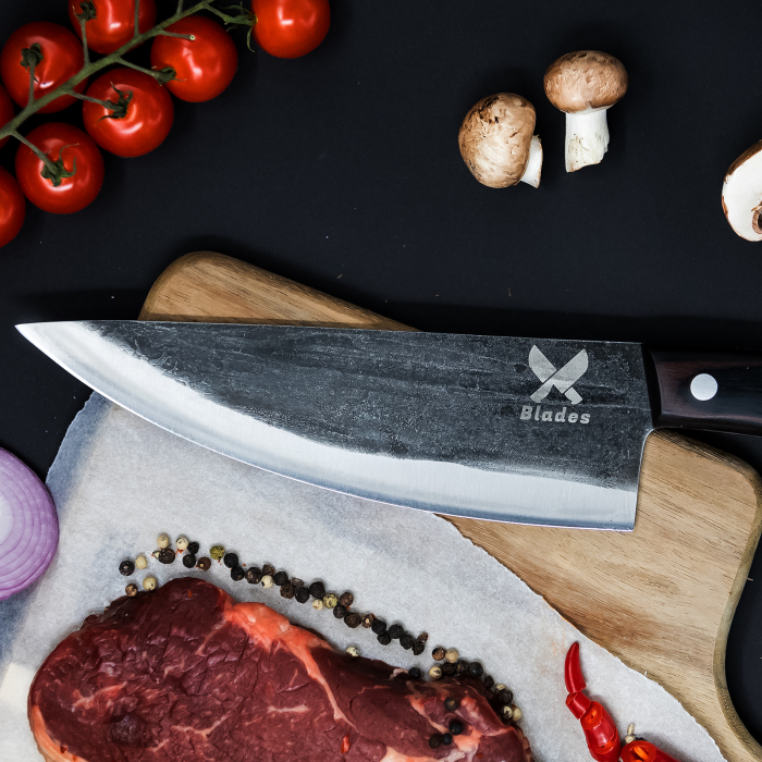 нож Razor II, кухня и къмпинг, ръчно кован, въглеродна стомана, цял ръб 32,5 см, черна дървена дръжка, покритие от екологична кожа [4]