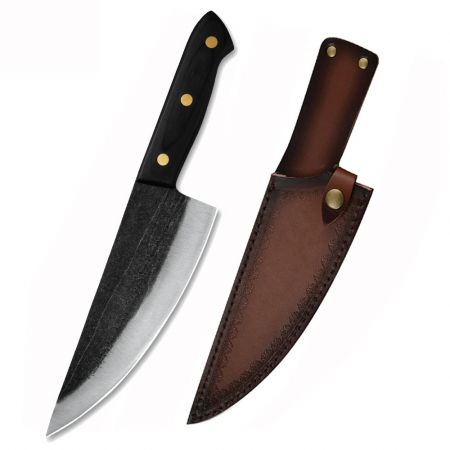 нож Razor II, кухня и къмпинг, ръчно кован, въглеродна стомана, цял ръб 32,5 см, черна дървена дръжка, покритие от екологична кожа [1]