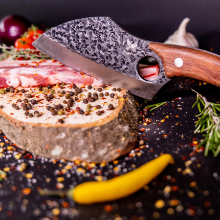Hож САТЪР японски, кухня и къмпинг, ръчно кован, неръждаема стомана, пълен танг, 27 см, кафява дървена дръжка, калъф от екологична кожа [2]