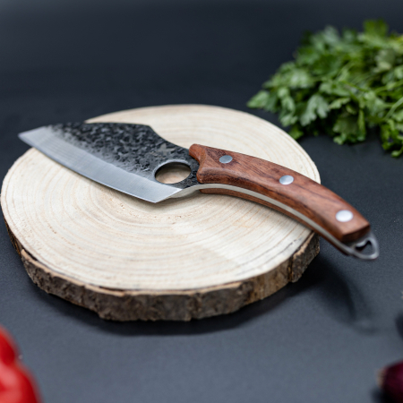 Hож САТЪР японски, кухня и къмпинг, ръчно кован, неръждаема стомана, пълен танг, 27 см, кафява дървена дръжка, калъф от екологична кожа [12]
