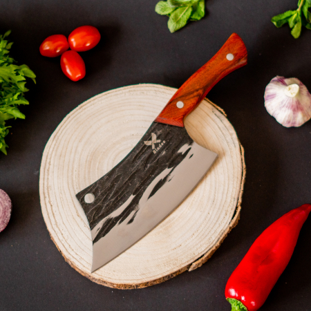 Сатър Almazan Bison II, кухня и къмпинг, кована вълнообразна шарка, 5Cr15 молибден-ванадиева стомана, дръжка от червено сандалово дърво, 27 см [1]