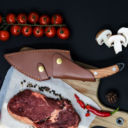 Hож САТЪР японски, кухня и къмпинг, ръчно кован, неръждаема стомана, пълен танг, 27 см, кафява дървена дръжка, калъф от екологична кожа [8]