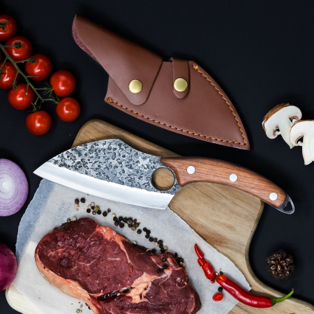 Hож САТЪР японски, кухня и къмпинг, ръчно кован, неръждаема стомана, пълен танг, 27 см, кафява дървена дръжка, калъф от екологична кожа [4]