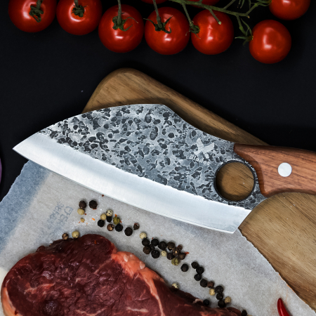 Hож САТЪР японски, кухня и къмпинг, ръчно кован, неръждаема стомана, пълен танг, 27 см, кафява дървена дръжка, калъф от екологична кожа [6]
