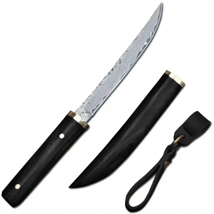 Tanto Mini luxus kés, konyha és kemping, VG10 damaszkuszi acél, vörös fa nyél, 19,5 cm [2]