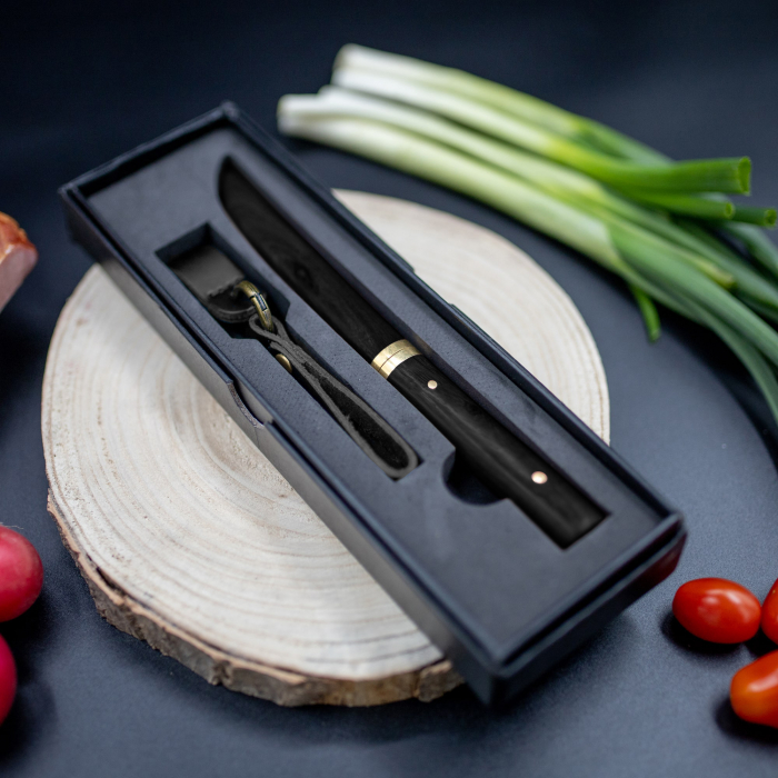 Tanto Mini luxus kés, konyha és kemping, VG10 damaszkuszi acél, vörös fa nyél, 19,5 cm [4]