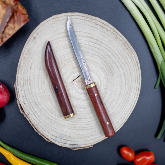 Tanto Mini luxus kés, konyha és kemping, VG10 damaszkuszi acél, vörös fa nyél, 19,5 cm [4]