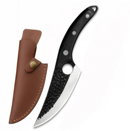 Japán kések - Japán Kés, konyha és kemping, kézzel kovácsolt, rozsdamentes Acél, 27,5 cm, barna fa markolat, ökológiai bőr Tokkal