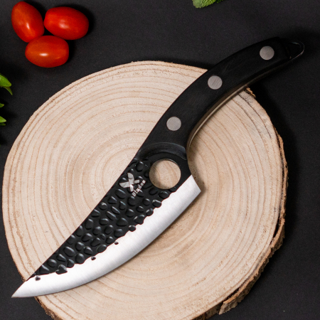 Japán Kés, konyha és kemping, kézzel kovácsolt, rozsdamentes Acél, 27,5 cm, barna fa markolat, ökológiai bőr Tokkal [4]