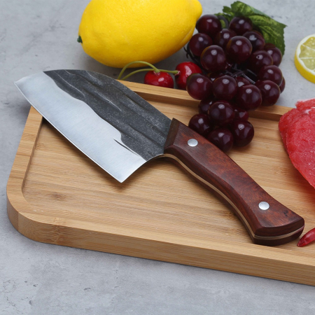 Diamond Mini-Cleaver, konyha és kemping, 5Cr13 acél, vörös szantálfa nyél, Full Tang 23 cm [2]