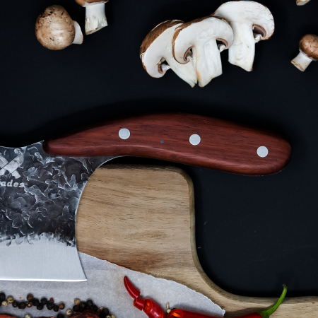 Swan Cleaver, konyha és kemping, kalapált hammerhead, 5Cr13 lila acél, sárga rózsafa nyél, 32 cm [4]