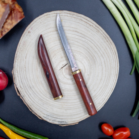 Tanto Mini luxus kés, konyha és kemping, VG10 damaszkuszi acél, vörös fa nyél, 19,5 cm [3]