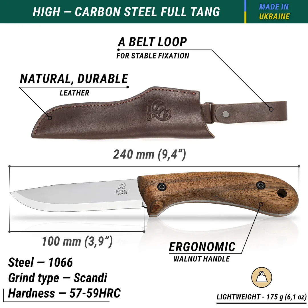 BSH2 Glacier – Cutit Bushcraft, Otel Carbon, Maner Nuc, Teaca Piele, 24 cm [2]