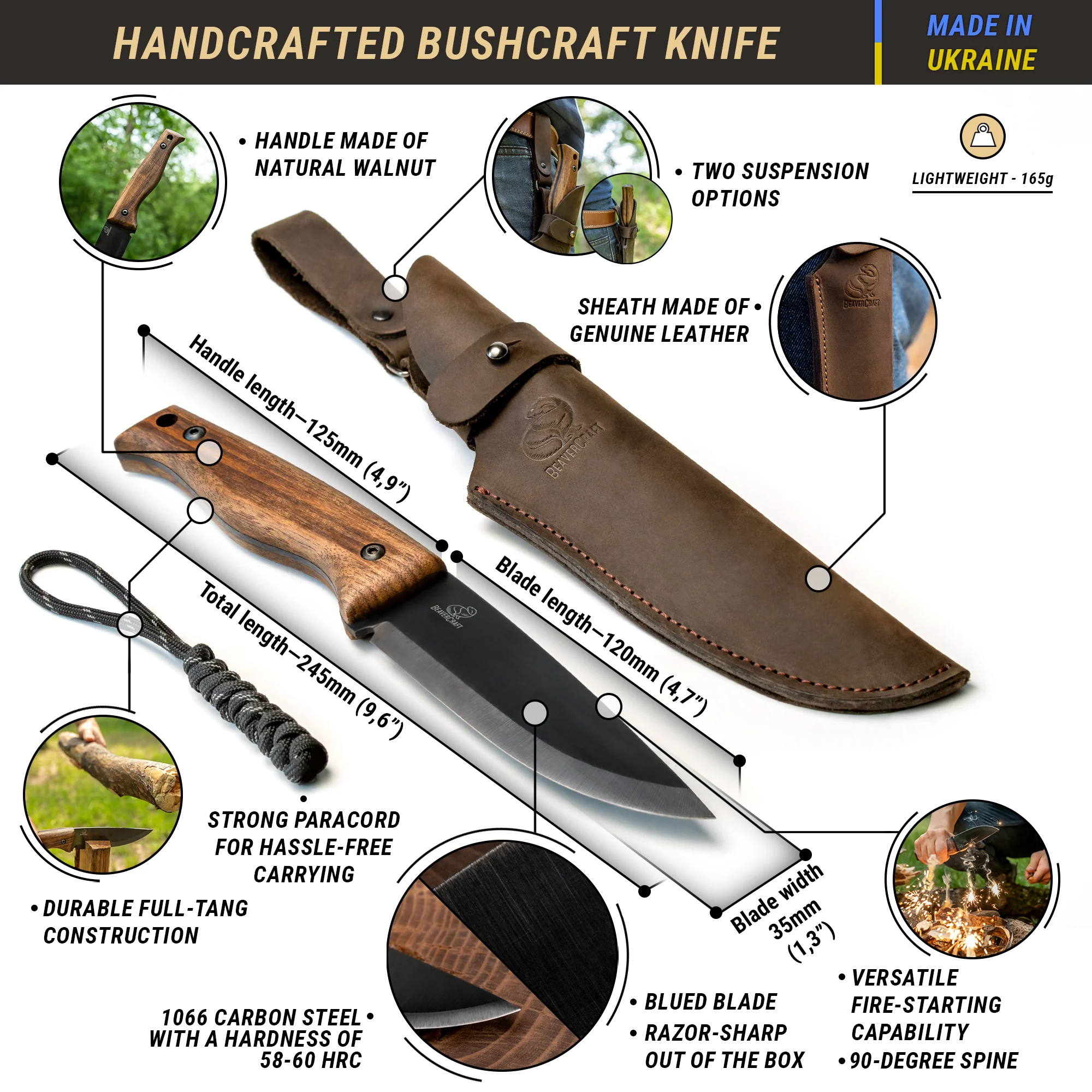 BSH3 Nightfall – Cutit Bushcraft cu Lama Fixa, Otel Carbon, Maner Nuc, Teaca Piele, 24.5 cm [2]