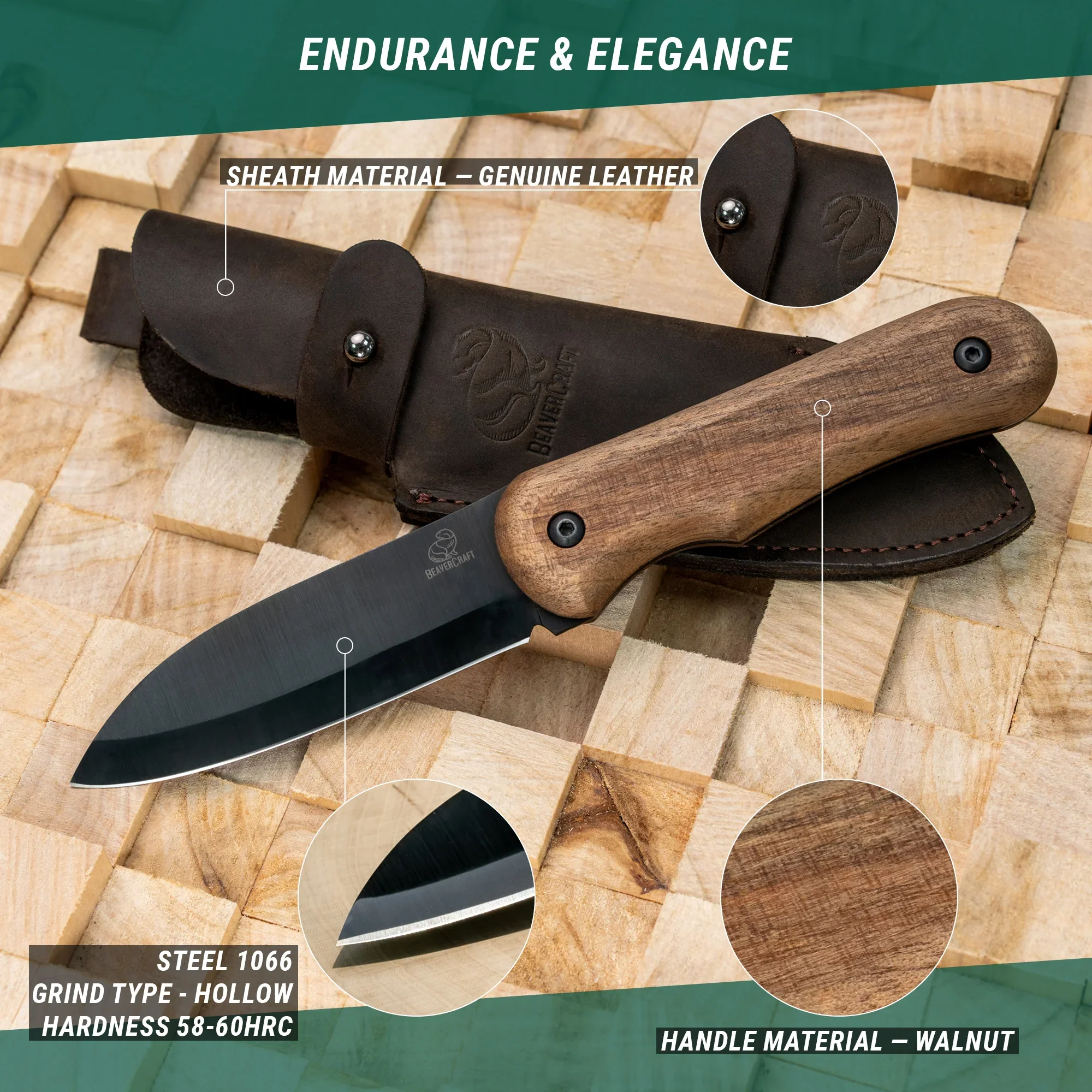 BSH5 Shadow – Cutit Bushcraft Compact, Otel Carbon, Maner Nuc, Teaca Piele, 21 cm [5]