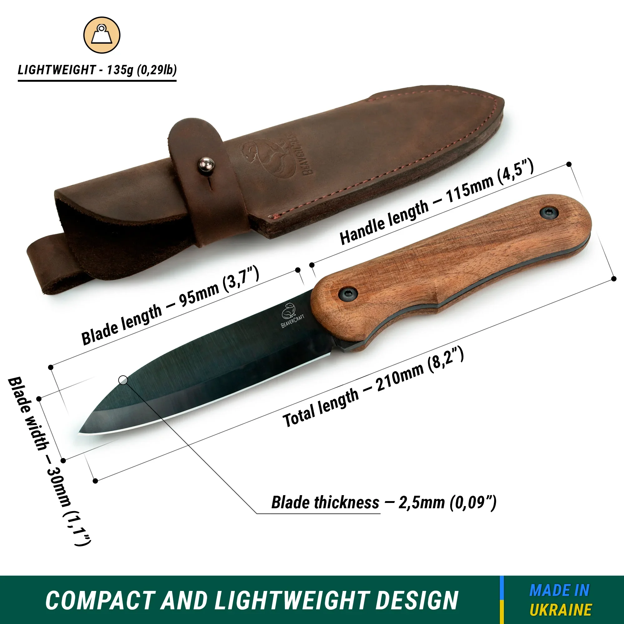 BSH5 Shadow – Cutit Bushcraft Compact, Otel Carbon, Maner Nuc, Teaca Piele, 21 cm [2]
