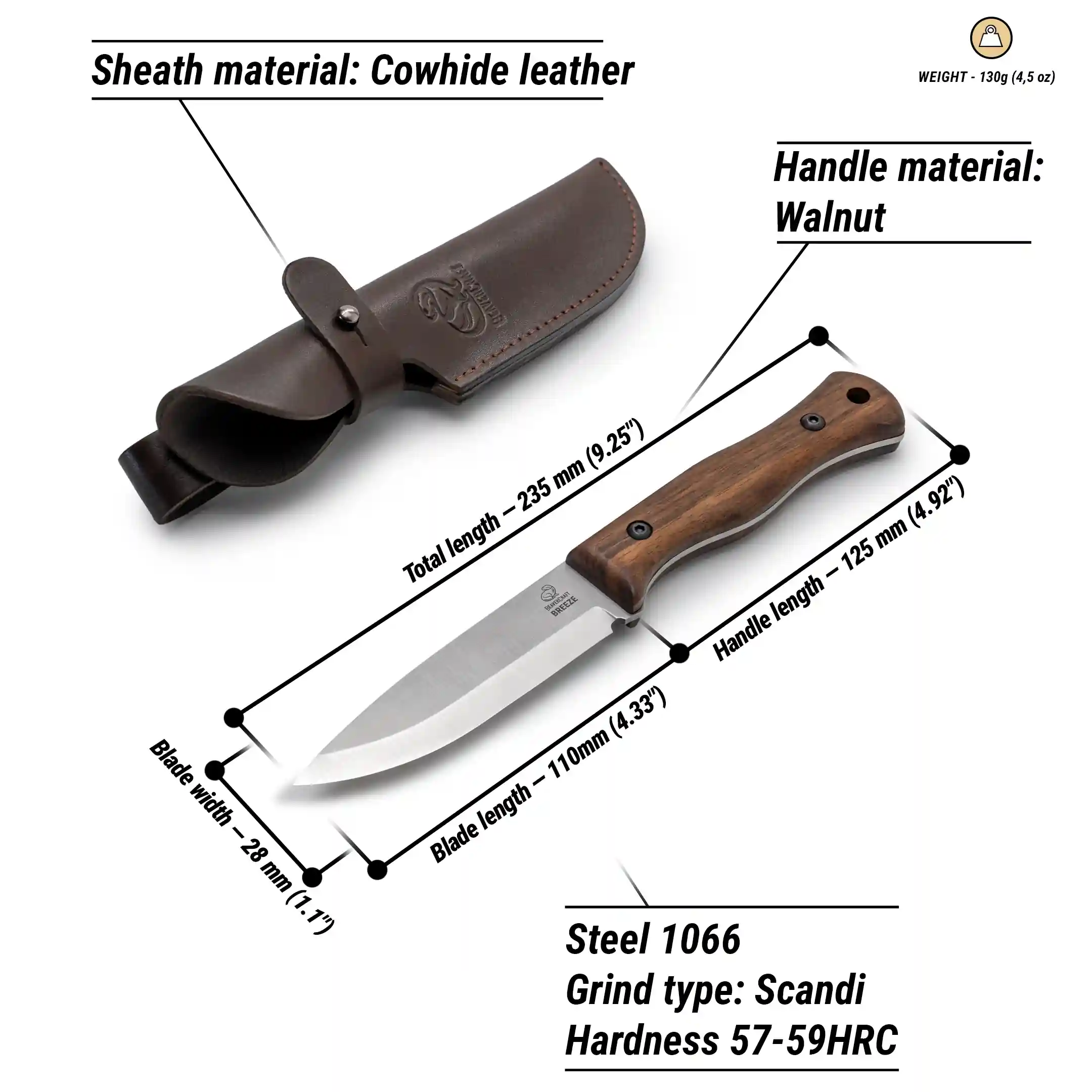 BSH6 Breeze – Cutit Bushcraft, Otel Carbon, Maner Nuc, Teaca Piele, 23.5 cm [2]