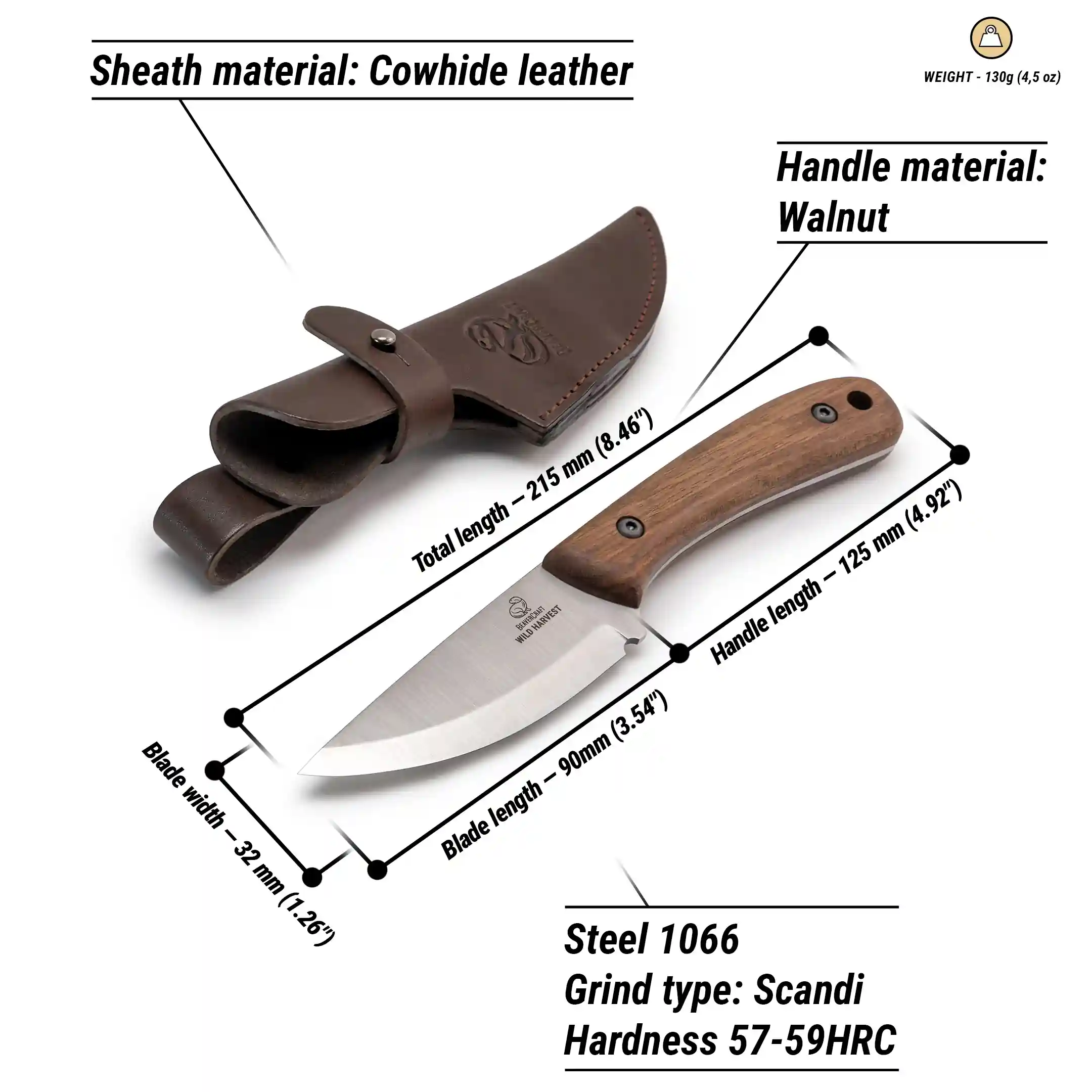 BSH7 Wild Harvest – Cutit Bushcraft, Otel Carbon, Maner Nuc, Teaca Piele, 21.5 cm [4]