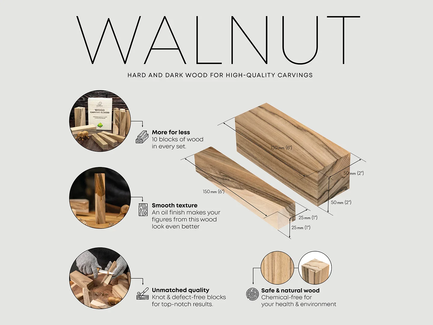 BW10 Walnut - Set 10 Blocuri din Lemn de Nuc pt Sculptat [3]