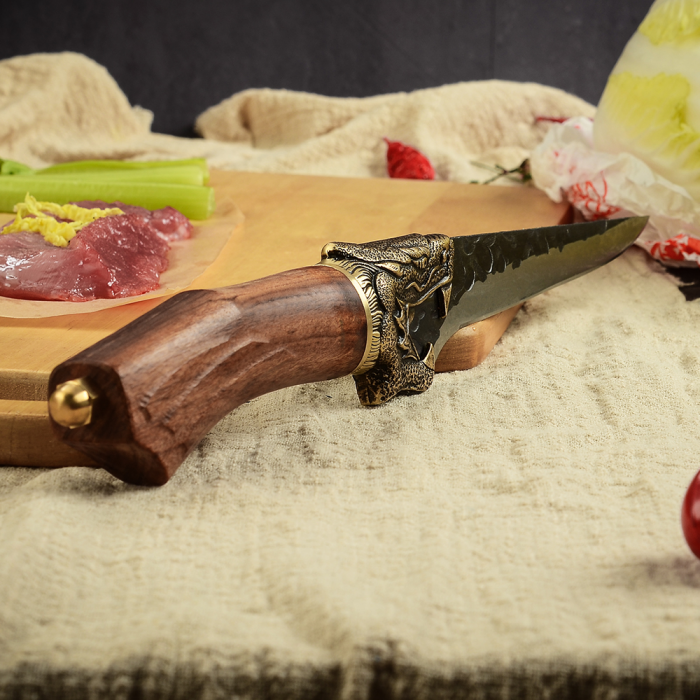 Cutit Golden Dragon III, Bucatarie & Camping, Finisaj Hammered, Otel 7Cr17, Maner Lemn Rosewood, 28.5 cm [8]