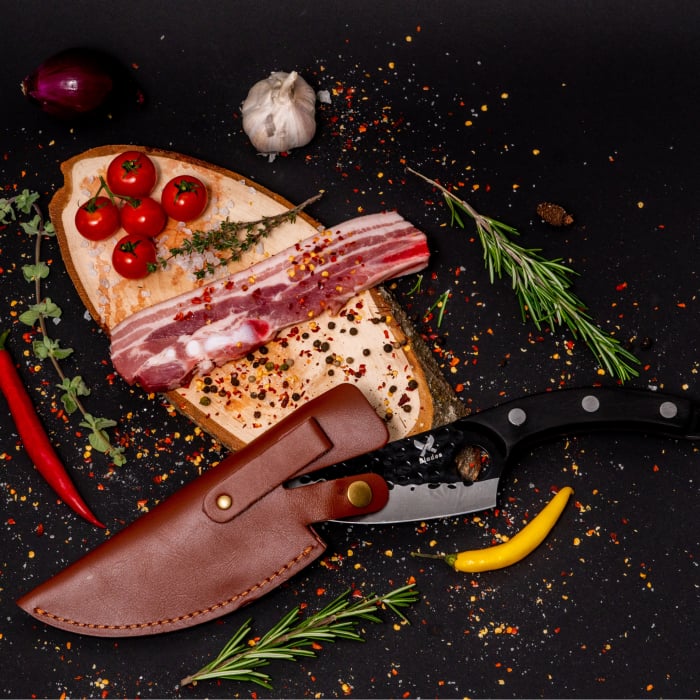 Cutit Japonez, Bucatarie & Camping, Finisaj Hammered, Otel 3Cr13, Maner Stejar sau Nuc, 27.5 cm [7]