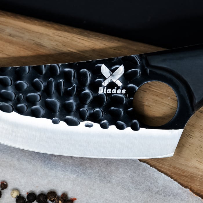 Cutit Japonez, Bucatarie & Camping, Finisaj Hammered, Otel 3Cr13, Maner Stejar sau Nuc, 27.5 cm [3]