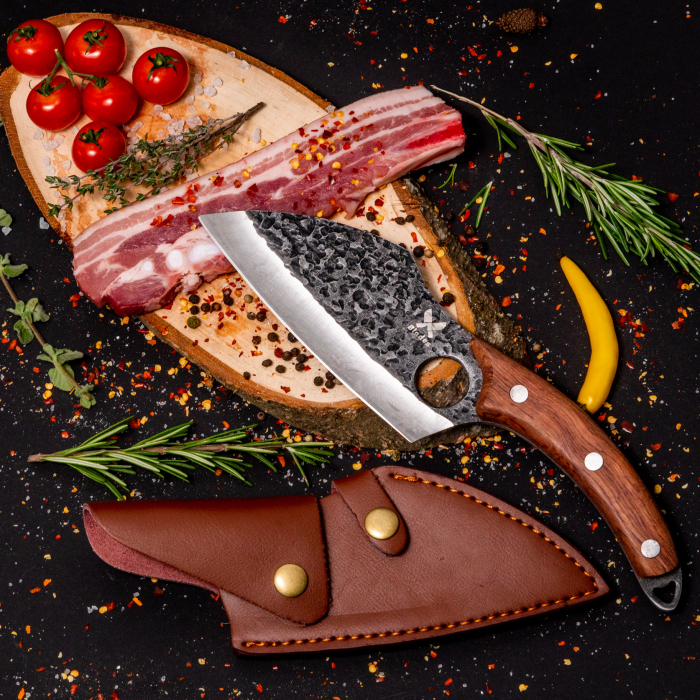 Satar Japonez, Bucatarie & Camping, Finisaj Hammered, Otel 4Cr13, Maner Lemn Rose Wood, 27 cm [5]