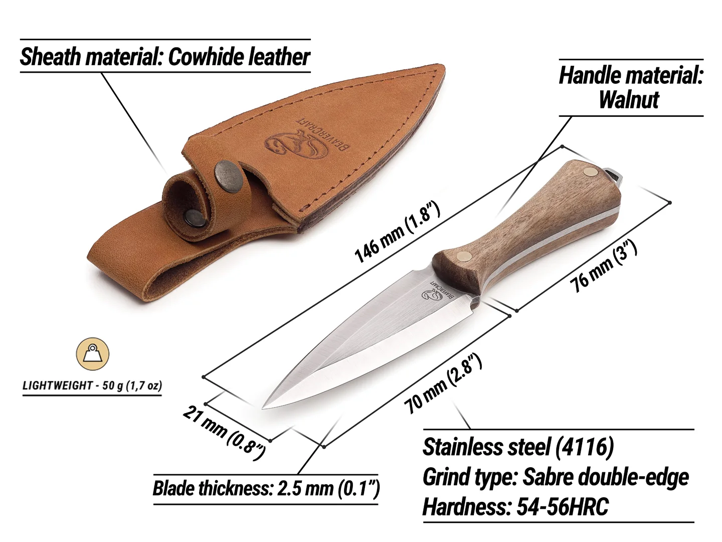 NCK1 – Dagger Neck Knife, Tais Dublu, Teaca Piele, 14.6 cm [2]