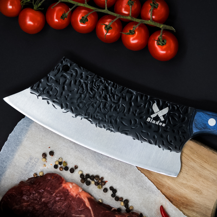 Satar Blue Angus, Bucatarie & Camping, Finisaj Hammered, Otel 4Cr13Mov, Maner Lemn Pakka, 30.5 cm [3]