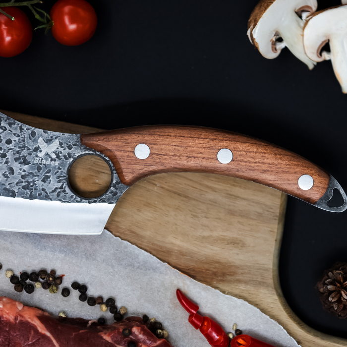 Satar Japonez, Bucatarie & Camping, Finisaj Hammered, Otel 4Cr13, Maner Lemn Rose Wood, 27 cm [9]