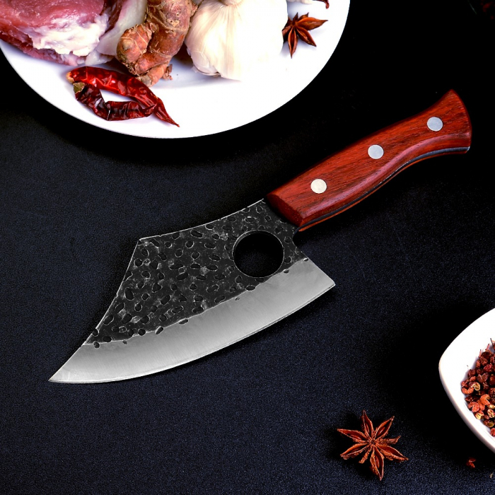 Cutit Salmon, Vanatoare & Bushcraft, Finisaj Hammered, Otel 4Cr13, Maner Lemn Rose Wood, 26 cm [5]
