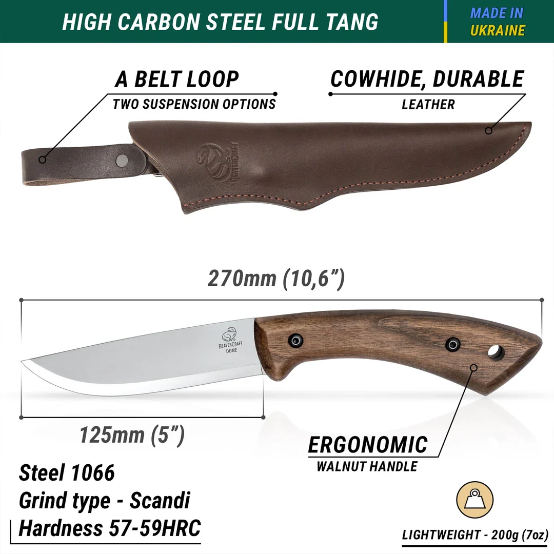 BSH1 Dune – Cutit Bushcraft, Otel Carbon, Maner Nuc, Teaca Piele, 27 cm [1]