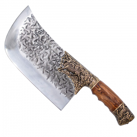 Satare Bucatarie - Cutit Golden Dragon VI, Bucatarie & Camping, Finisaj Hammered, Otel 7Cr17, Maner Lemn Rosewood, 34 cm