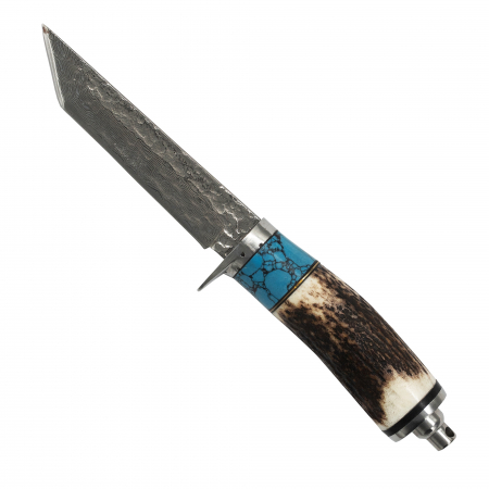 Cutite - Cutit Horn I, Camping & Drumetie, Otel Damasc VG10 Core, Maner Corn si Piatra, 20 cm