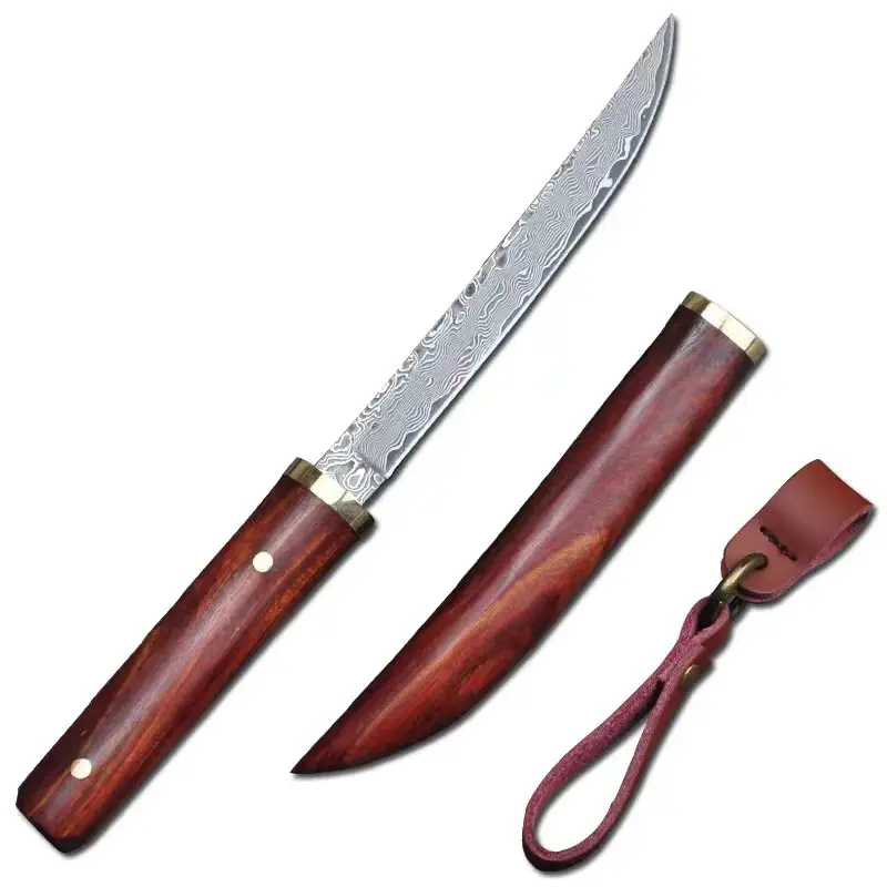 Cutit Tanto Mini Luxury, Bucatarie & Camping, Otel Damasc VG10, Maner Red Wood, 19,5 cm [1]